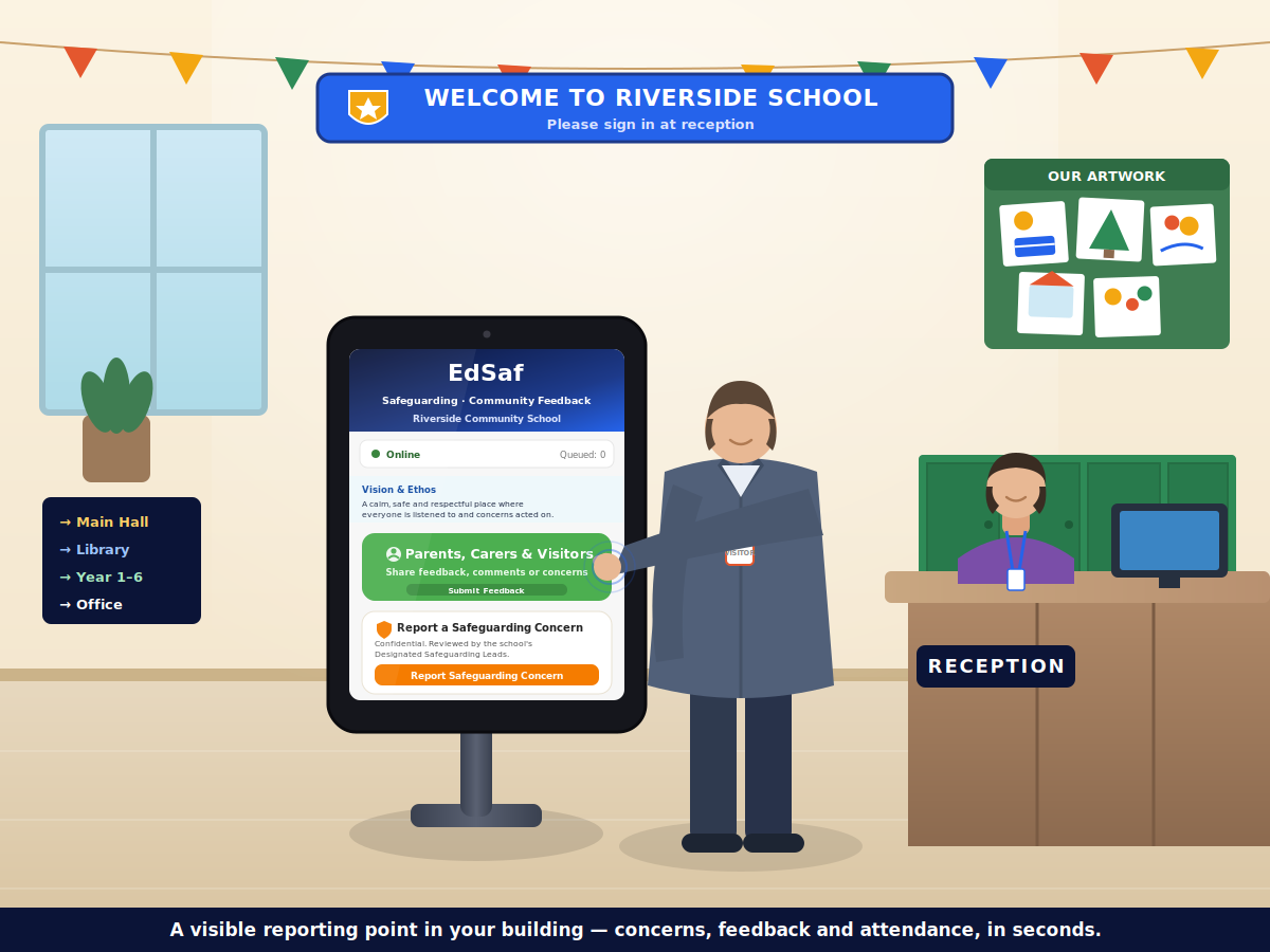 A school reception with an EdSaf reporting point on an iPad stand: a visitor signs in while the screen offers safeguarding reporting and community feedback.